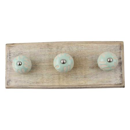 Sage Green Etched Ceramic Floral Wooden Hook